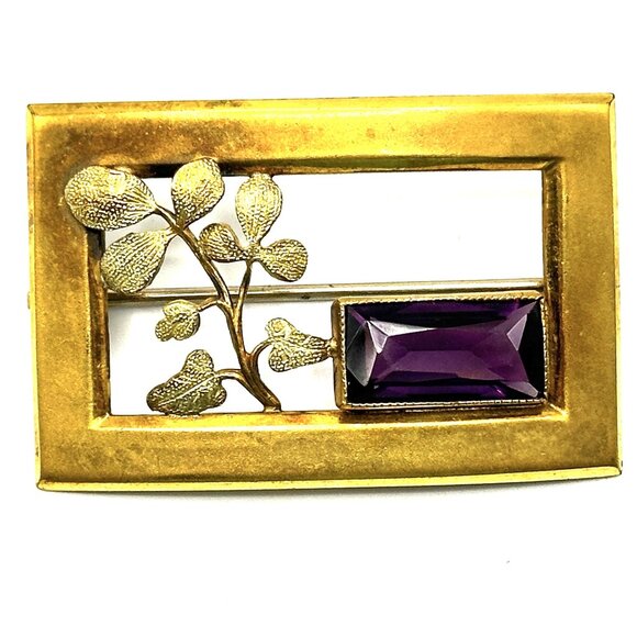 Transitional Art Deco Brass Brooch by George L Paine with Purple Glass Cabochon - Picture 7 of 9
